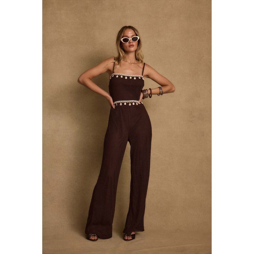 12th Tribe Adella Espresso Shell Trimmed Jumpsuit Size MM